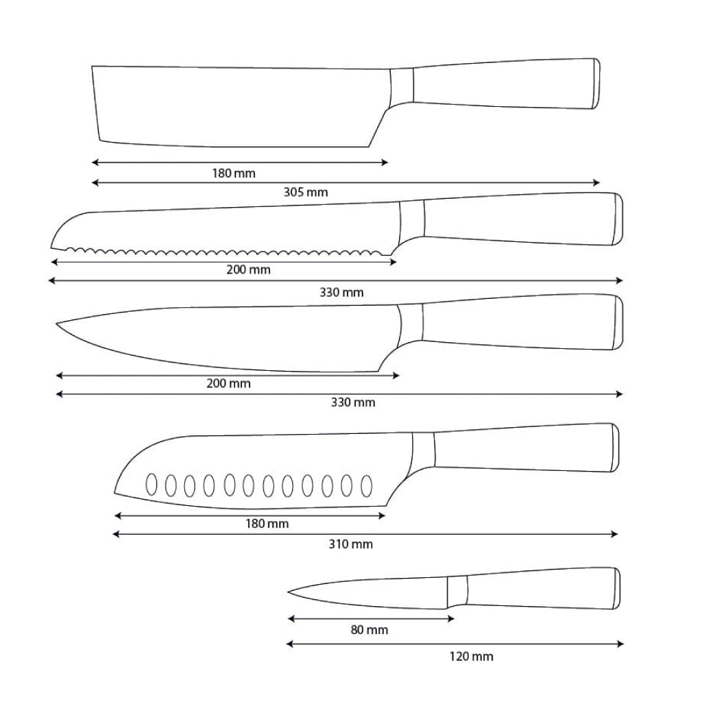 Shinrai Knives – Damascus Print Epoxy Saphir 5-teiliges Messerset – Kochmesser + Brotmesser + Nakiri + Santoku + Schälmesser