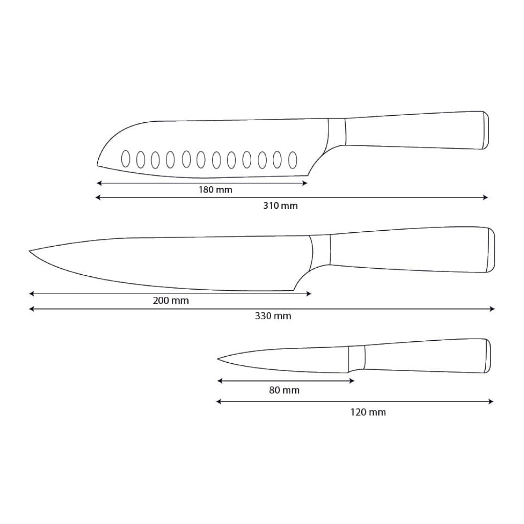 Shinrai Knives – 3-teiliges Messerset mit Damaszener-Print und Epoxid-Saphir – Kochmesser + Santoku + Schälmesser