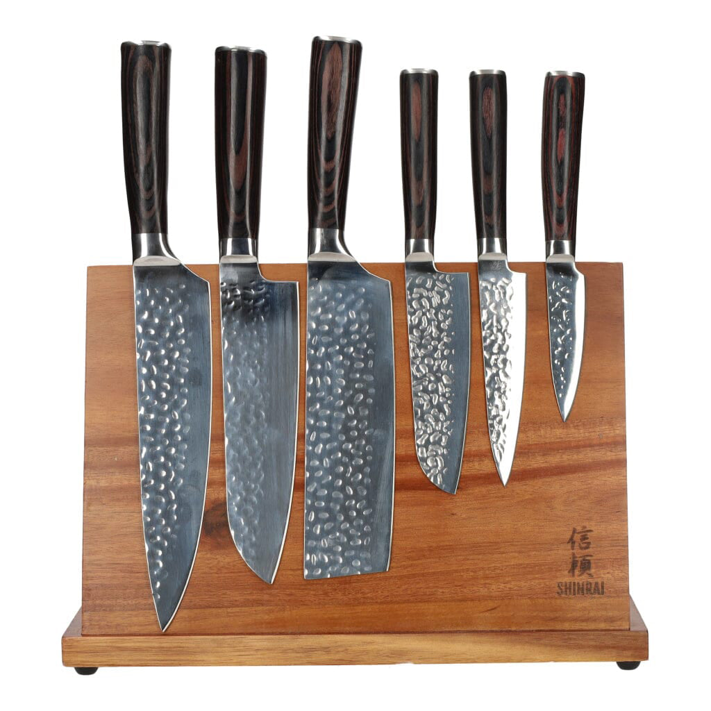 Shinrai Knives - 6-Teiliges Messerset + Akazienholzhalter - Serie Aus Gehämmertem Edelsthal