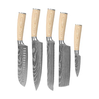 Shinrai Knives - Akari Damast-Druck 5-teiliges Set - Kochmesser + Brotmesser + Nakiri + Santoku + Schälmesser
