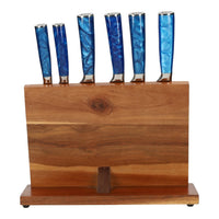 Epoxy Sapphire Damascus Print 6-Delige Messenset + Acacia houder enkelzijdig Messenset met blok Shinrai Japan