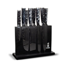 Shinrai Knives – Damascus Print Onyx Epoxy 9-teiliges Messerset + magnetischer Messerblock doppelseitig – Schwarz Shinrai Japan - Damascus Print Onyx Epoxy 9-delige Messenset + Magnetisch Messenblok Dubbelzijdig - Zwart Shinrai Japan