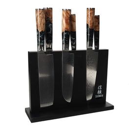 Shinrai Knives – Epoxy Onyx 6-teiliges Damaskus-Messerset + magnetischer Messerblock doppelseitig – Schwarz Shinrai Japan - Epoxy Onyx 6-delige Damascus Messenset + Magnetisch Messenblok Dubbelzijdig - Zwart Messenset met blok Shinrai Japan