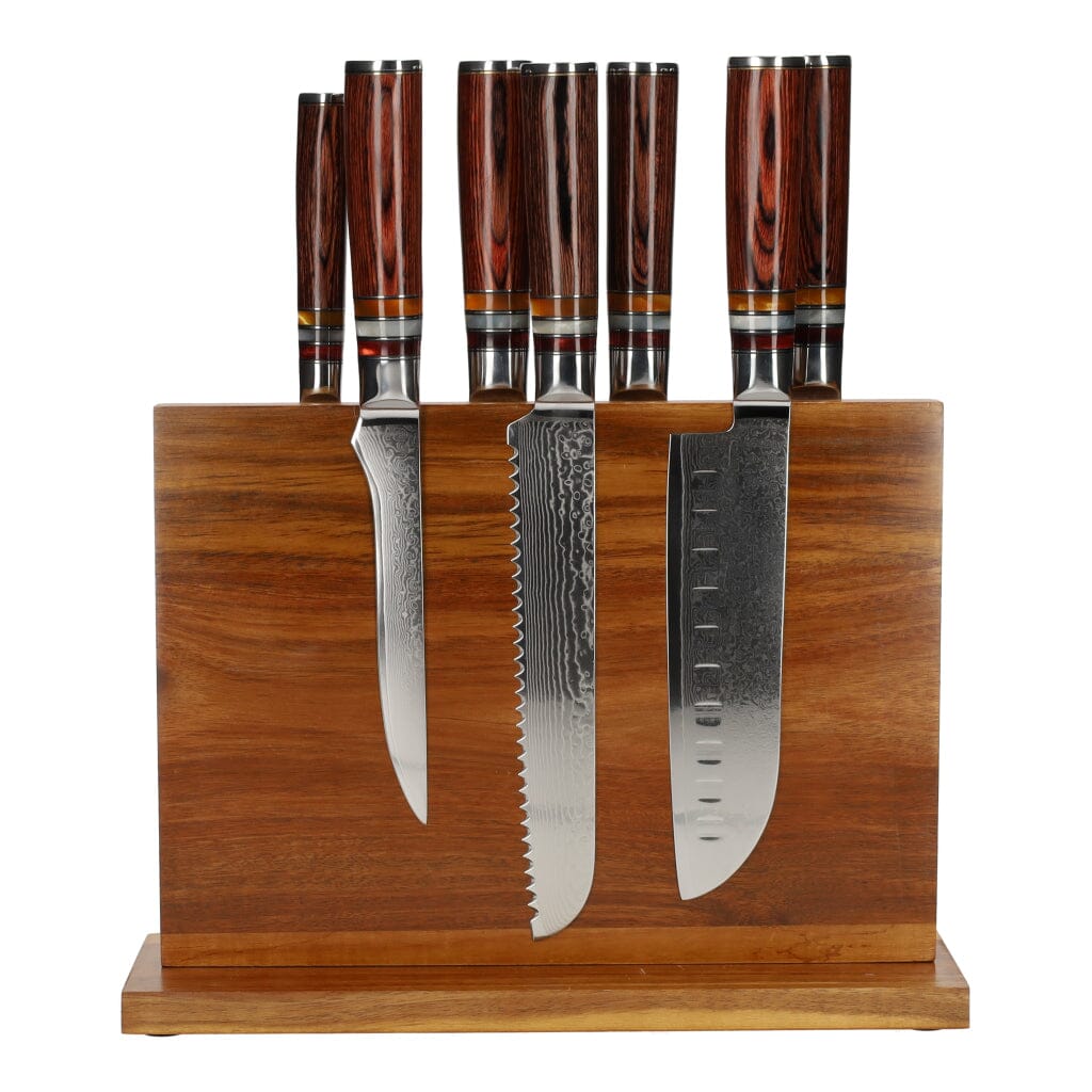 Shinrai Japan - Micarta Jewels 7-delige Damascus Messenset + Magnetisch Messenblok Dubbelzijdig Messenset met blok Shinrai Japan