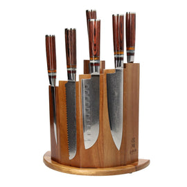 Shinrai Knives – Micarta Jewels 7-teiliges Damaskus-Messerset + magnetischer Messerblock Scalae – Akazienholz Shinrai Japan - Micarta Jewels 7-delige Damascus Messenset + Magnetisch Messenblok Scalae - Acacia hout Messenset met blok Shinrai Japan