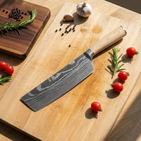 Shinrai Knives - Akari Damascus Print 6-delige Messenset + Messenmagneet Muurstrip - Acaciahout Messenset met blok Shinrai Knives