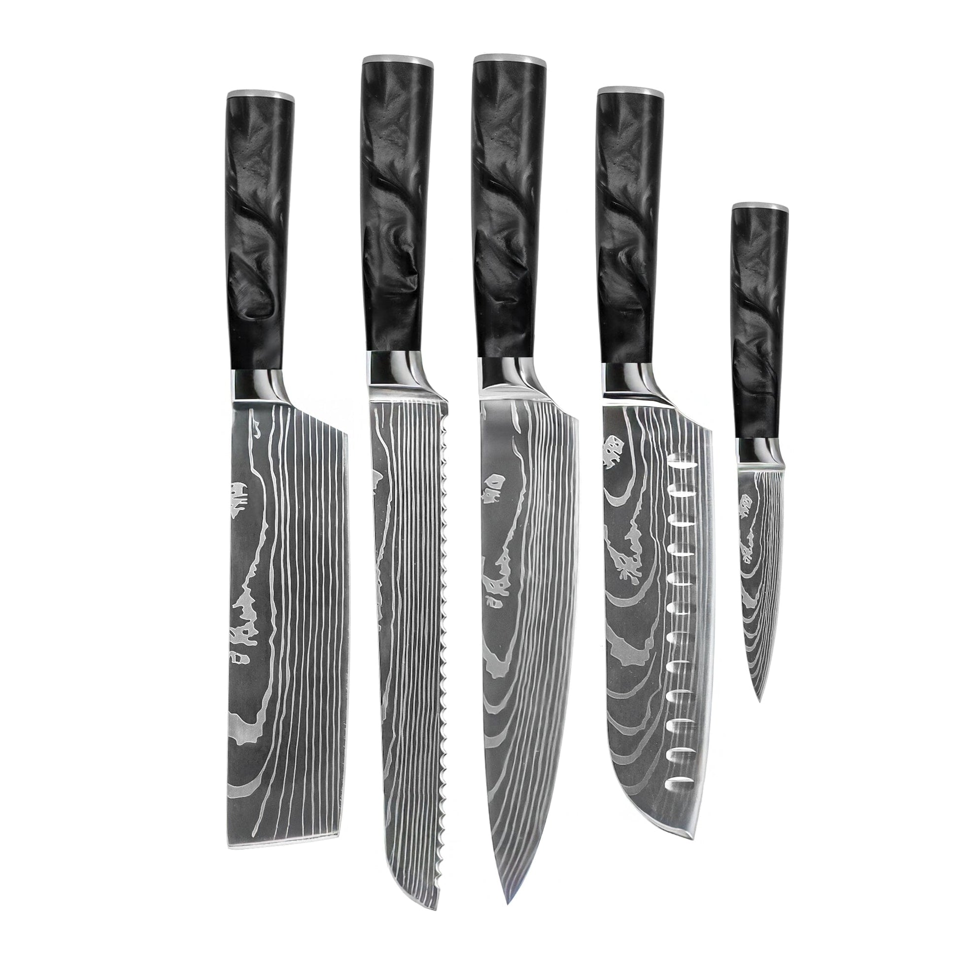 Shinrai Knives - Damascus Print Epoxy Onyx 5-delige Messenset - Koksmes + Broodmes + Nakiri + Santoku + Schilmes Messenset Shinrai Knives