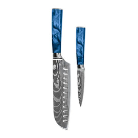 Shinrai Knives - Damascus Print Epoxy Saphir 2-teiliges Messerset - Santoku + Schälmesser Shinrai Knives - Damascus Print Epoxy Sapphire 2-delige Messenset - Santoku + Schilmes Messenset Shinrai Knives
