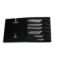 Couteaux Shinrai - Coffret de 6 couteaux en bois de Damas Pakka + bloc magnétique ; Couteaux Scalae - Coffret de couteaux en bois d'acacia avec bloc ; Couteaux Shinrai