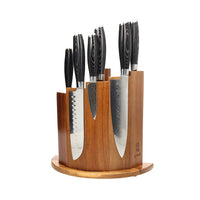 Couteaux Shinrai - Coffret de 6 couteaux en bois de Damas Pakka + bloc magnétique ; Couteaux Scalae - Coffret de couteaux en bois d'acacia avec bloc ; Couteaux Shinrai