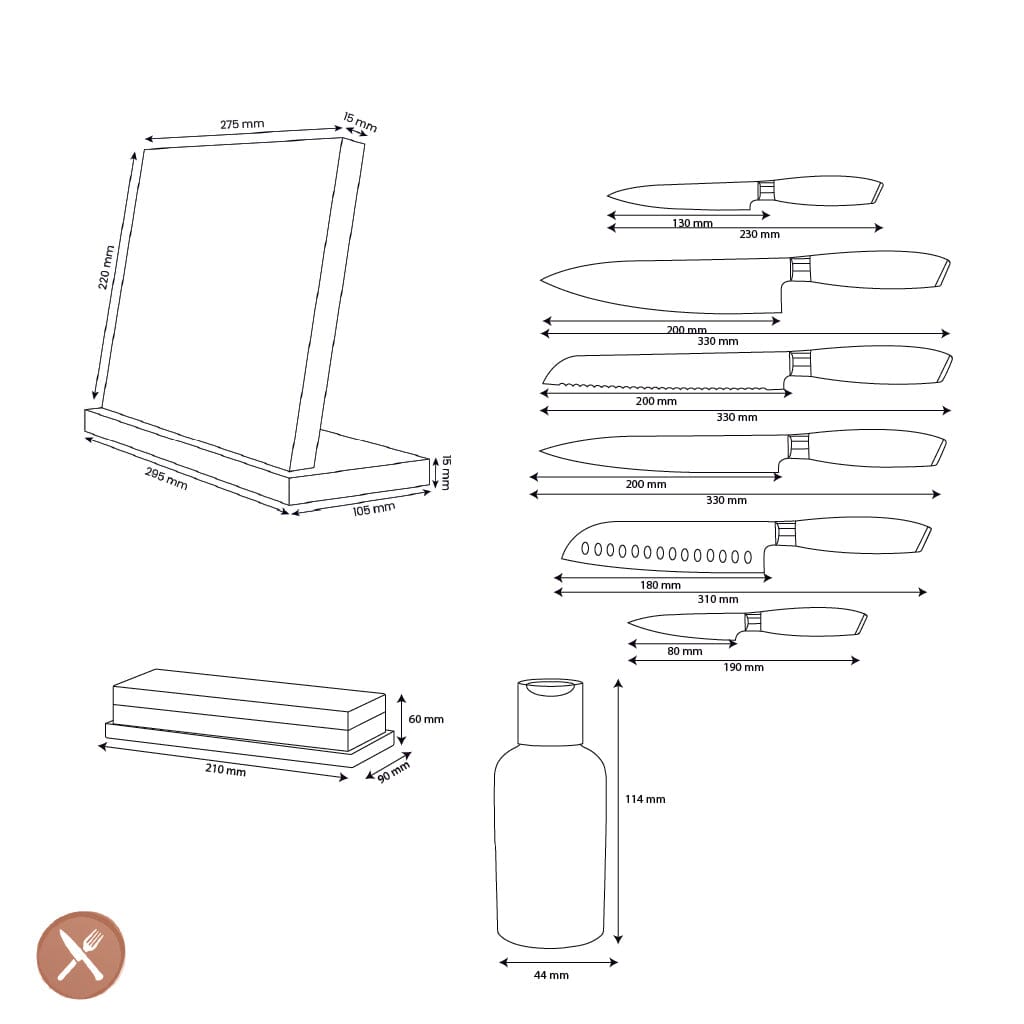 Couteaux Shinrai - Coffret complet en bois de Damas Pakka - Ensemble de couteaux complet avec bloc, planche à découper et pierre à aiguiser