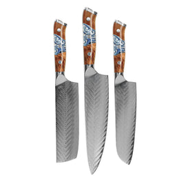Couteaux Shinrai - Ensemble de couteaux Damas 3 pièces Eclipse - Couteau de chef + Nakiri + Santoku Shinrai Knives - Eclipse 3-delige Damascus Messenset - Koksmes + Nakiri + Santoku Messenset Shinrai Knives