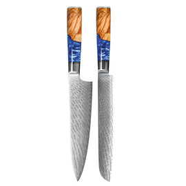 Couteaux Shinrai - Ensemble de 2 couteaux Damas en époxy saphir - Couteau de chef + Couteau à pain Shinrai Knives - Epoxy Sapphire 2-delige Damascus Messenset - Koksmes + Broodmes Messenset Shinrai Knives