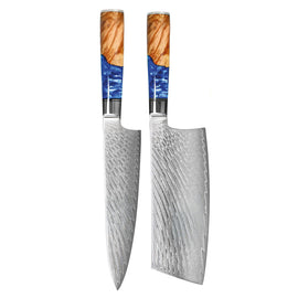 Couteaux Shinrai - Ensemble de 2 couteaux Damas époxy saphir - Couteau de chef + Nakiri Shinrai Knives - Epoxy Sapphire 2-delige Damascus Messenset - Koksmes + Nakiri Messenset Shinrai Knives
