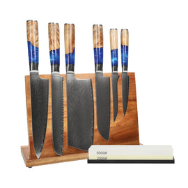 Couteaux Shinrai - Ensemble de 6 couteaux en époxy saphir + bloc à couteaux + pierre à aiguiser Shinrai Knives - Epoxy Sapphire 6-delige Messenset + Messenblok + Slijpsteen Messenset met blok en slijpsteen Shinrai Knives
