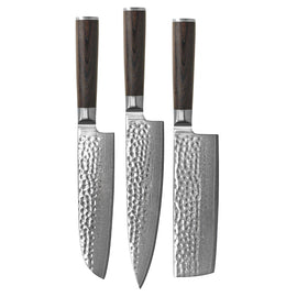 Couteaux Shinrai - Ensemble de 3 couteaux en damas martelé BR - Couteau de chef + Nakiri + Santoku Shinrai Knives - Hammered Damast BR 3-delige Messenset - Koksmes + Nakiri + Santoku Messenset Shinrai Knives