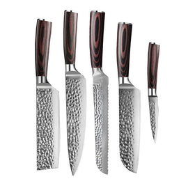 Couteaux Shinrai - Ensemble de 5 couteaux en acier inoxydable martelé - Couteau de chef + Couteau à pain + Nakiri + Santoku + Couteau d'office Shinrai Knives - Hammered RVS 5-delige Messenset - Koksmes + Broodmes + Nakiri + Santoku + Schilmes Messenset Shinrai Knives