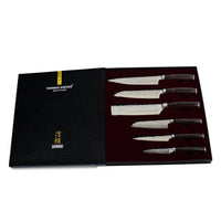Couteaux Shinrai - Coffret de 6 couteaux en acier inoxydable martelé + bloc magnétique ; Couteaux Scalae - Coffret de couteaux en bois d'acacia avec bloc ; Couteaux Shinrai