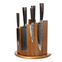 Couteaux Shinrai - Coffret de 6 couteaux en acier inoxydable martelé + bloc magnétique ; Couteaux Scalae - Coffret de couteaux en bois d'acacia avec bloc ; Couteaux Shinrai