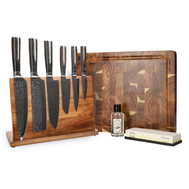 Couteaux Shinrai - Mega Bundle en acier inoxydable martelé - Tout ce dont vous avez besoin Shinrai Knives - Hammered RVS Mega Bundel - All you need Messenset met blok, snijplank en slijpsteen Shinrai Knives