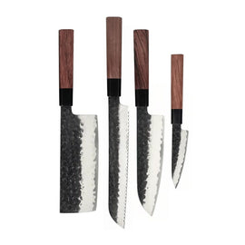 Couteaux Shinrai - Ensemble de couteaux Damas Kurayami 4 pièces - Santoku + Couteau à pain + Nakiri + Couteau d'office Shinrai Knives - Kurayami 4-delige Damascus Messenset - Santoku + Broodmes + Nakiri + Schilmes Messenset Shinrai Knives