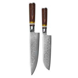 Shinrai Knives - Ensemble de 2 couteaux Damas Micarta Jewels - Couteau de chef + Santoku Shinrai Knives - Micarta Jewels 2-delige Damascus Messenset - Koksmes + Santoku Messenset Shinrai Knives