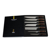 Couteaux Shinrai - Coffret de 7 couteaux damas Micarta Jewels + bloc magnétique ; Couteaux Scalae - Coffret de couteaux en bois d'acacia avec bloc ; Couteaux Shinrai