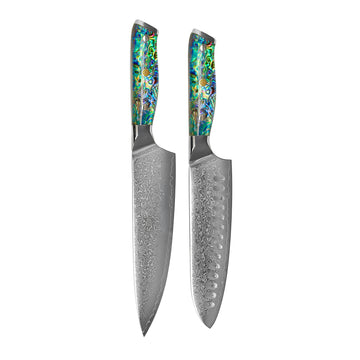 Shinrai Knives - Parelmoer Jewels 2-delige Damascus Messenset - Koksmes + Santoku mes Messenset Shinrai Knives