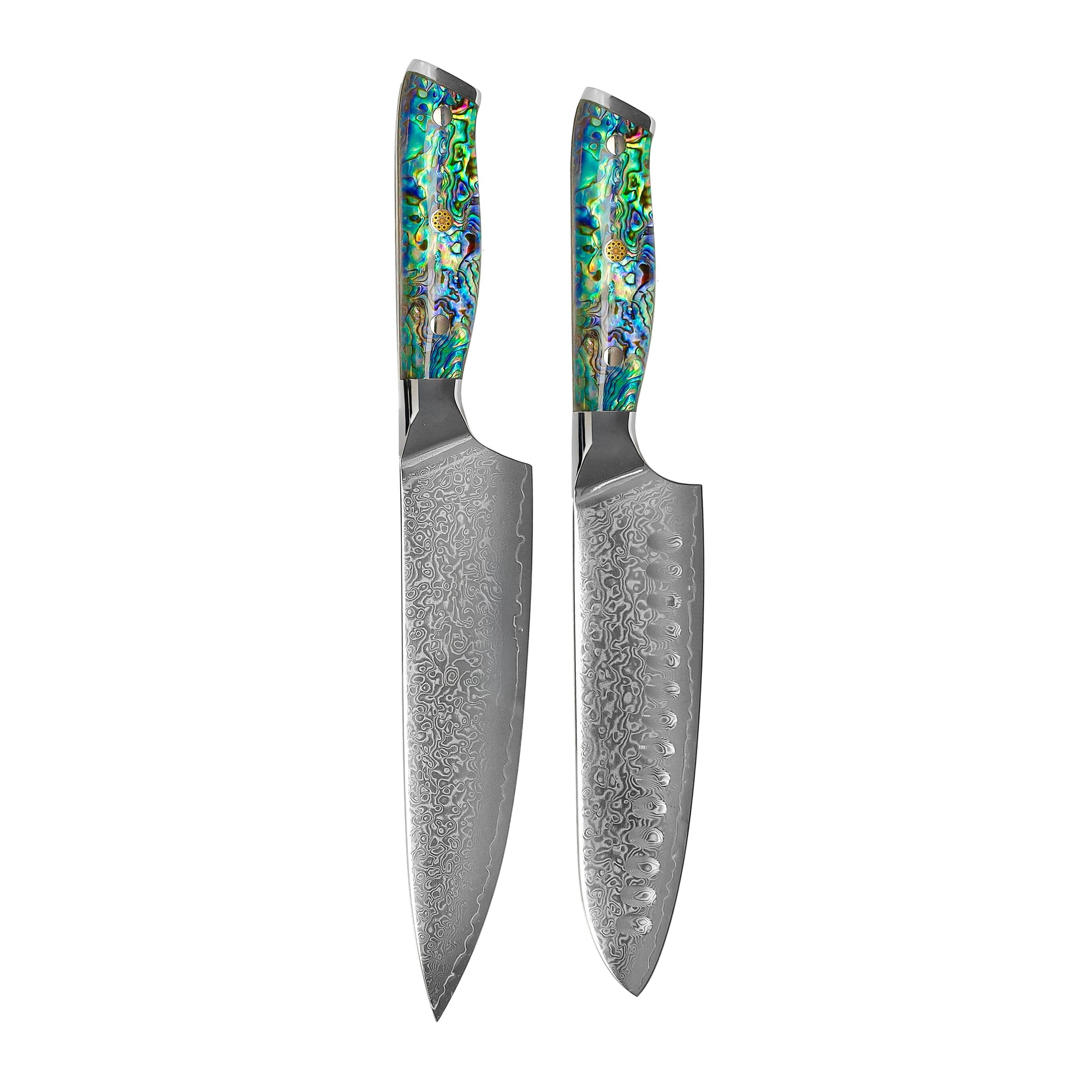 Shinrai Knives - Parelmoer Jewels 2-delige Damascus Messenset - Koksmes + Santoku mes Messenset Shinrai Knives