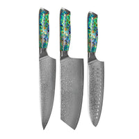 Couteaux Shinrai - Coffret de 3 couteaux damas ornés de nacre - Couteau de chef + Nakiri + Santoku