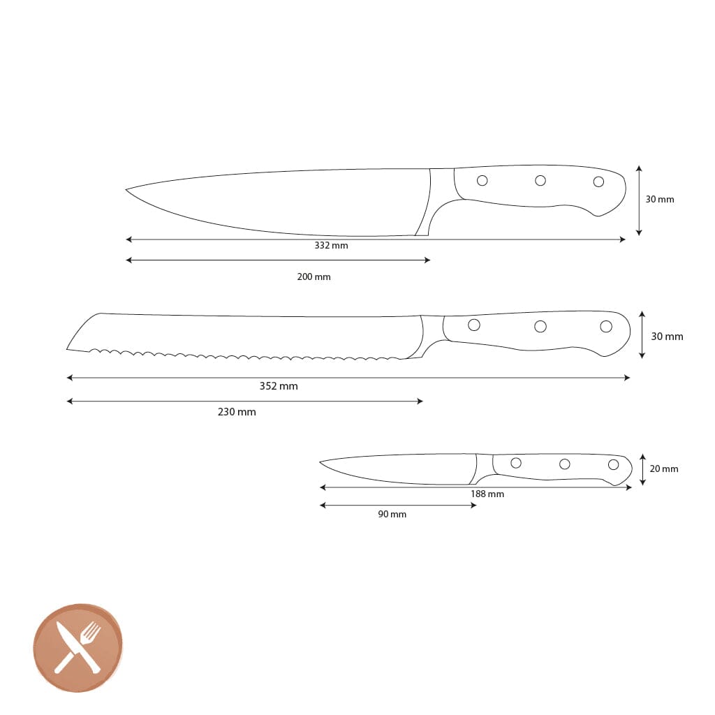 Wüsthof - Classic Ikon 3-delige Messenset - Koksmes + Broodmes + Officemes Messenset Wusthof