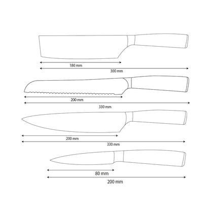 Shinrai Knives – 4-teiliges Messerset aus gehämmertem Edelstahl – Kochmesser + Brotmesser + Nakiri + Schälmesser
