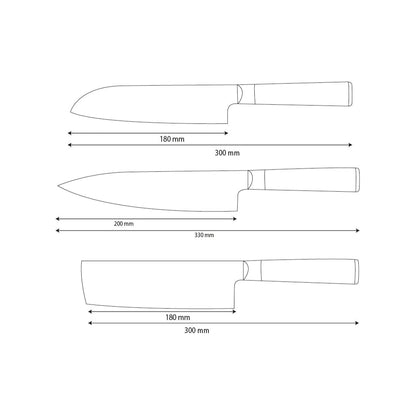 Shinrai Knives - Hammered Damask BR 3-teiliges Messerset - Kochmesser + Nakiri + Santoku