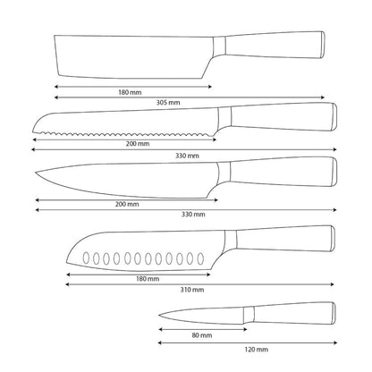 Shinrai Knives – 5-teiliges Messerset mit Damaskus-Druck – Kochmesser + Brotmesser + Nakiri + Santoku + Schälmesser