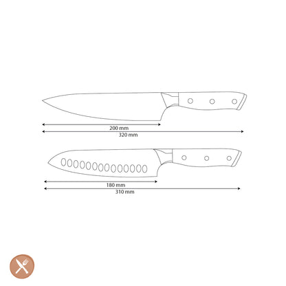 Shinrai Knives - Ensemble de 2 couteaux Damas en nacre - Couteau de chef + Couteau Santoku