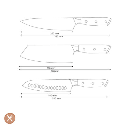 Shinrai Knives - Perlmutt-Juwelen 3-teiliges Damast-Messerset - Kochmesser + Nakiri + Santoku
