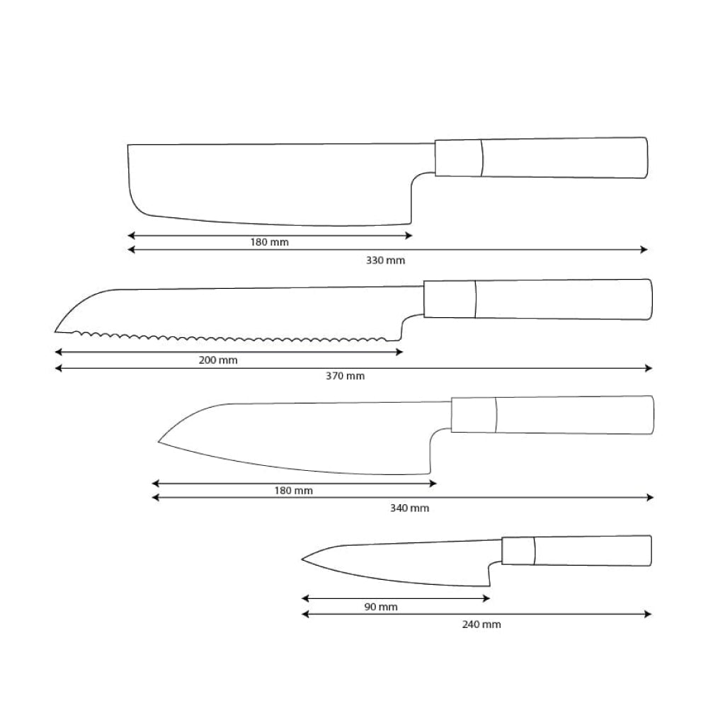 Shinrai Knives – Takumi Kaza 4-teiliges Damastmesser-Set – Santoku + Brotmesser + Nakiri + Schälmesser