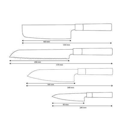 Shinrai Knives – Takumi Kaza 4-teiliges Damastmesser-Set – Santoku + Brotmesser + Nakiri + Schälmesser