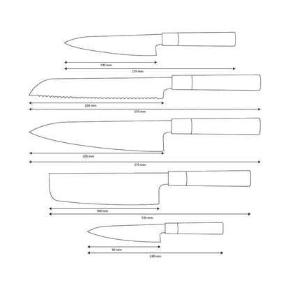 Shinrai Knives - Ensemble de couteaux damas Takumi Kaza 5 pièces - Couteau de chef + Couteau à pain + Couteau Nakiri + Couteau de bureau + Couteau d'office