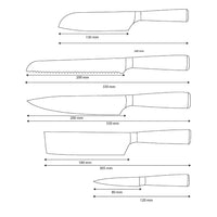 Shinrai Knives – 5-teiliges Messerset mit Damascus-Print und Epoxy-Onyx – Kochmesser + Brotmesser + Nakiri + kleines Santoku + Schälmesser