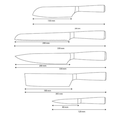 Shinrai Knives – 5-teiliges Messerset mit Damascus-Print und Epoxy-Onyx – Kochmesser + Brotmesser + Nakiri + kleines Santoku + Schälmesser