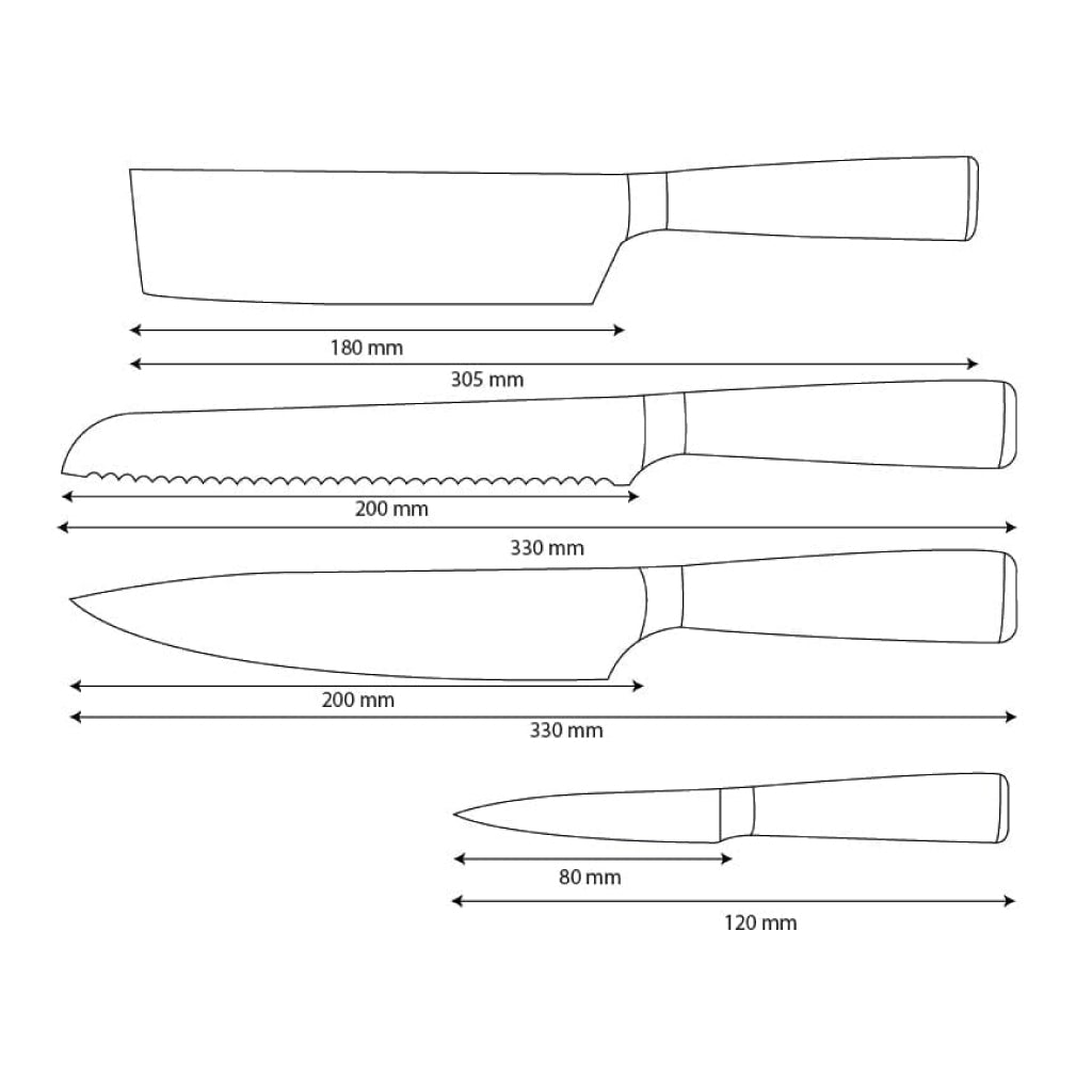 Shinrai Knives - Ensemble de 4 couteaux imprimés Damas - Couteau de chef, couteau à pain, couteau Nakiri et couteau d'office