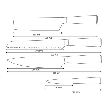 Shinrai Knives - Ensemble de 4 couteaux imprimés Damas - Couteau de chef, couteau à pain, couteau Nakiri et couteau d'office