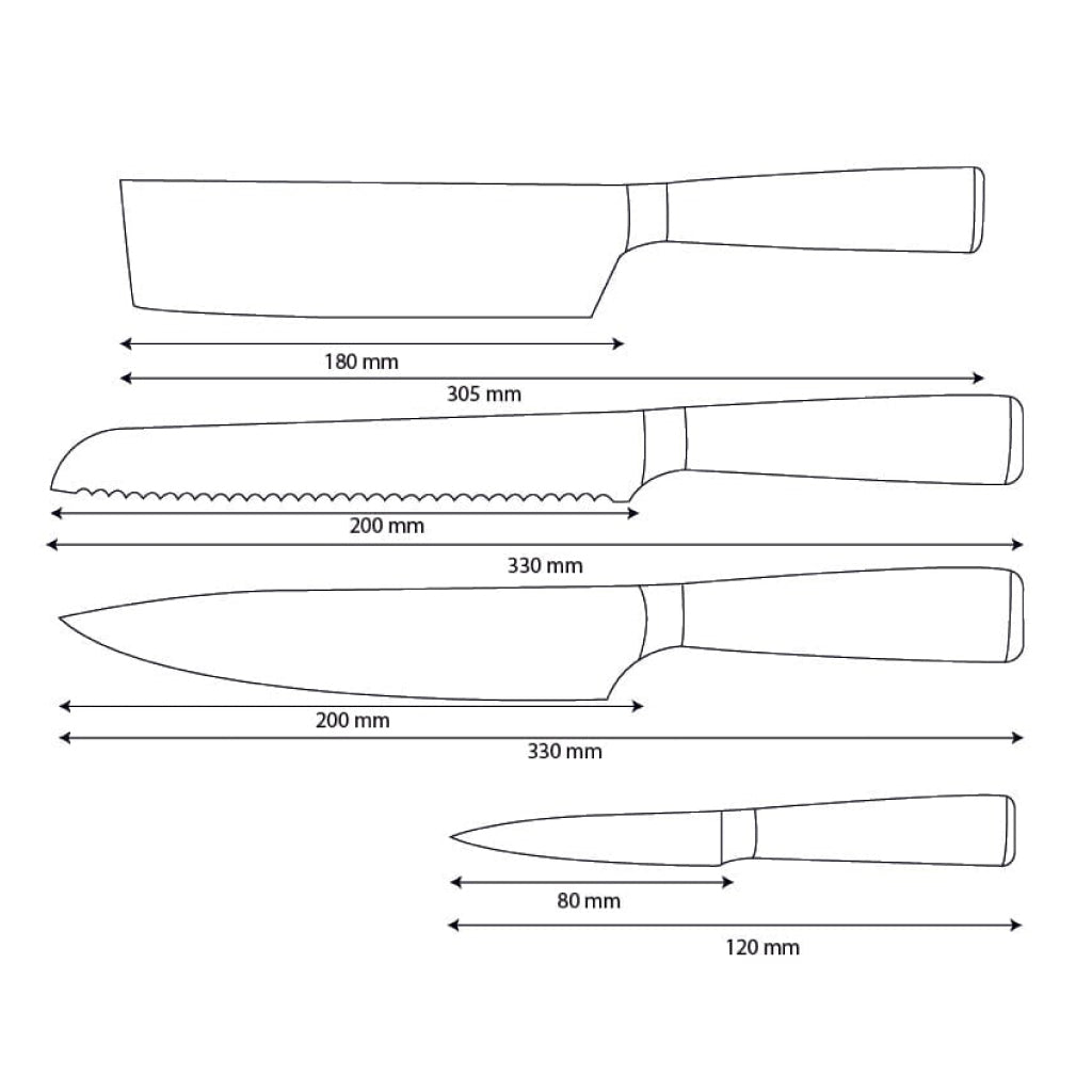 Shinrai Knives – Damascus Print Epoxy Saphir 4-teiliges Messerset – Kochmesser + Brotmesser + Nakiri + Schälmesser