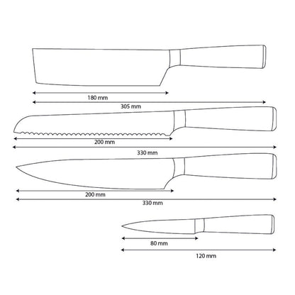 Shinrai Knives – Damascus Print Epoxy Saphir 4-teiliges Messerset – Kochmesser + Brotmesser + Nakiri + Schälmesser