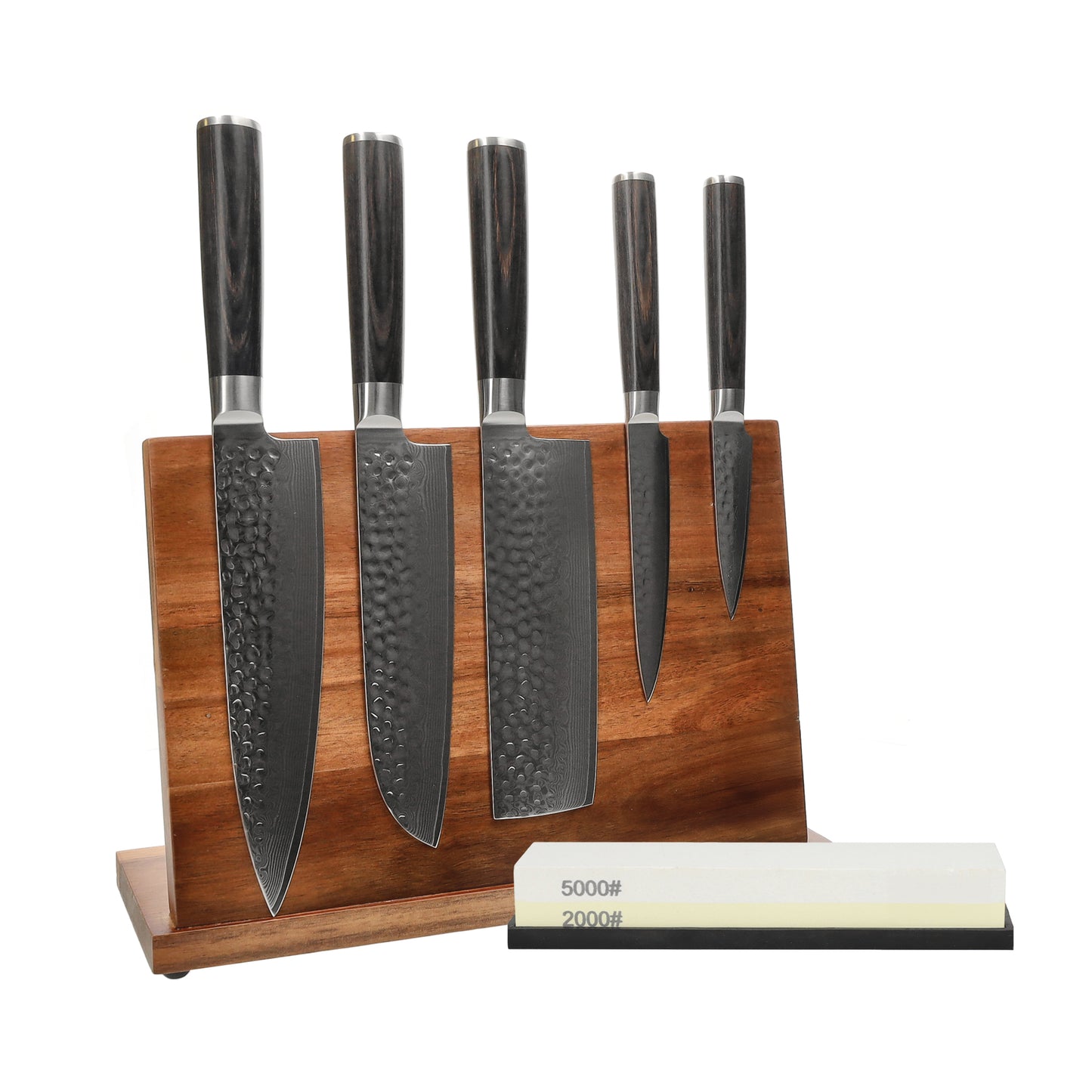 Shinrai Knives - Hammered Damask BR 5-teiliges Messerset + Messerblock + Schleifstein