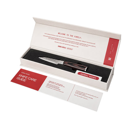 Shinrai Knives – 5-teiliges Messerset aus gehämmertem Edelstahl – Kochmesser + Brotmesser + Nakiri + Santoku + Schälmesser