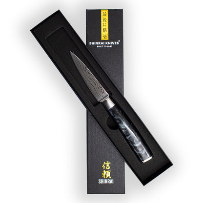 Shinrai Knives - Damascus Print Onyx Schälmesser 8 cm