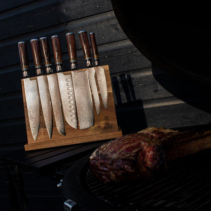 Shinrai Knives - Micarta Jewels 7-teiliges Damastmesserset + magnetischer Messerblock einschneidig
