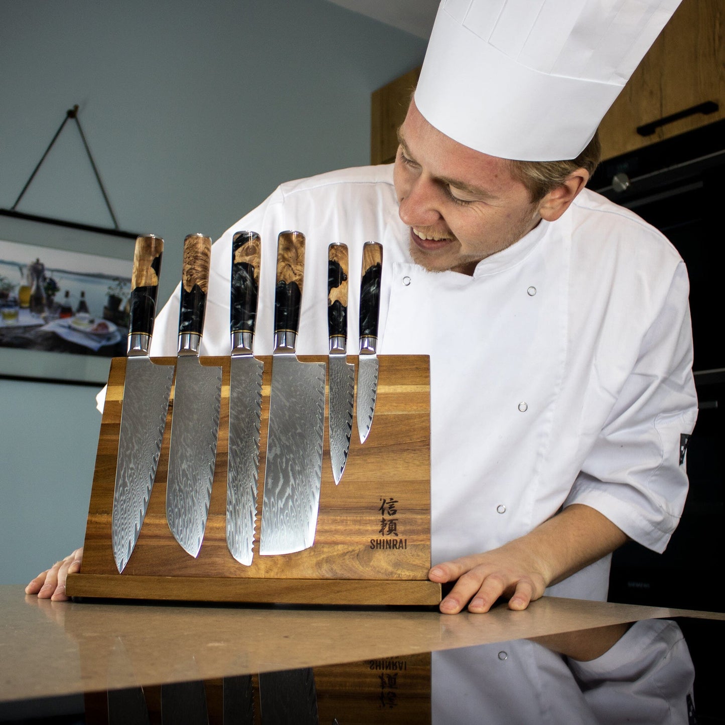 Epoxy Onyx 6-teiliges Damastmesserset + magnetischer Messerblock einseitig